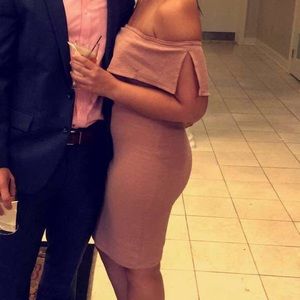Light pink, off the shoulder dress. Only worn once